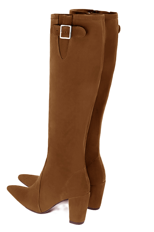 Caramel brown women's knee-high boots with buckles. Tapered toe. High block heels. Made to measure. Rear view - Florence KOOIJMAN